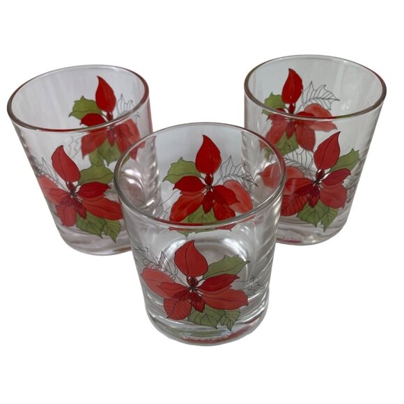 Vintage Christmas 8oz Glassware Old Fashioned Poinsettia by Block Set of 3 - Picture 2 of 11
